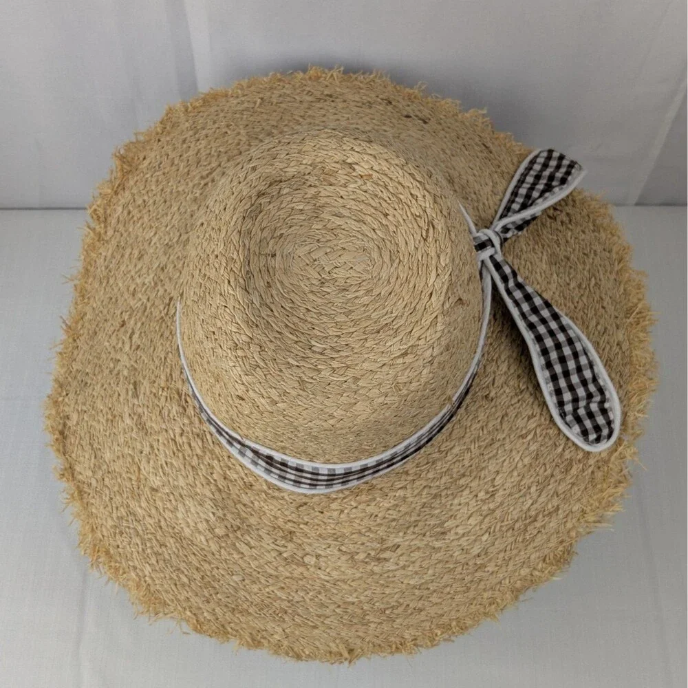 POL Womens Wide Brim Raffia Straw Hat Brown White Gingham Ribbon Band